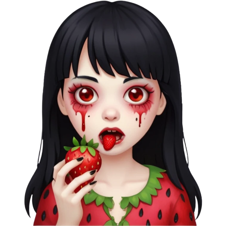 Girly girl, zombie, black hair, bang, cabelo longo e um comendo um morango emoji