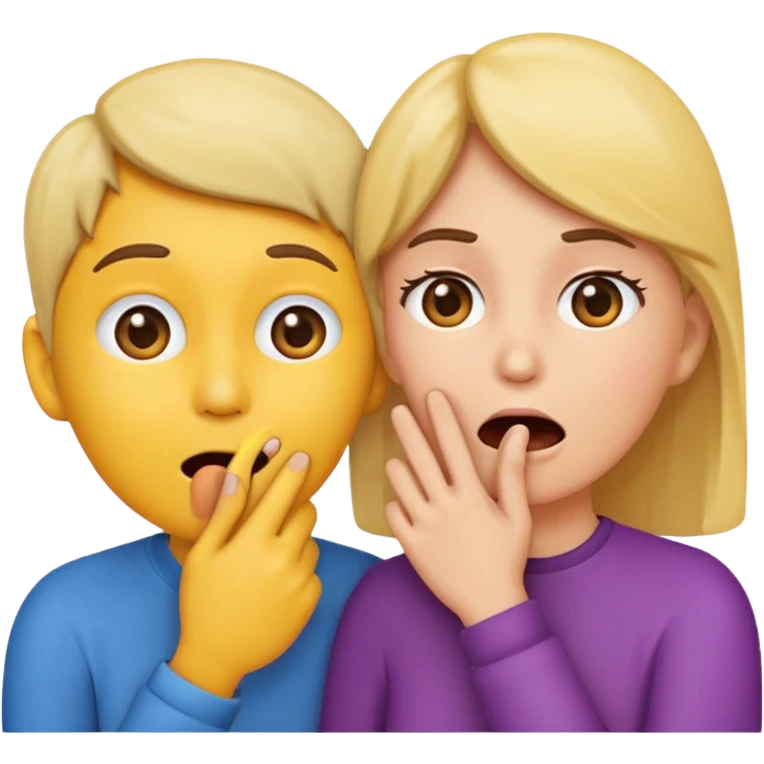 Emoji of two people, one whispering into the other’s ear with a hand covering their mouth. Surprised reaction. Simple emoji style, flat design, bright colors, thick outlines. emoji