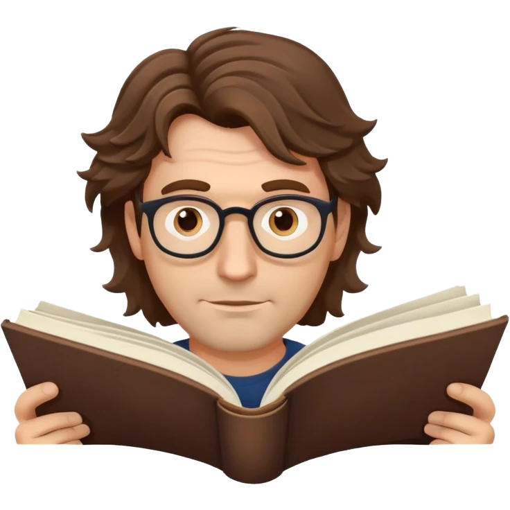 man in his forties with tousled wavy hair, no glasses, reading a book emoji