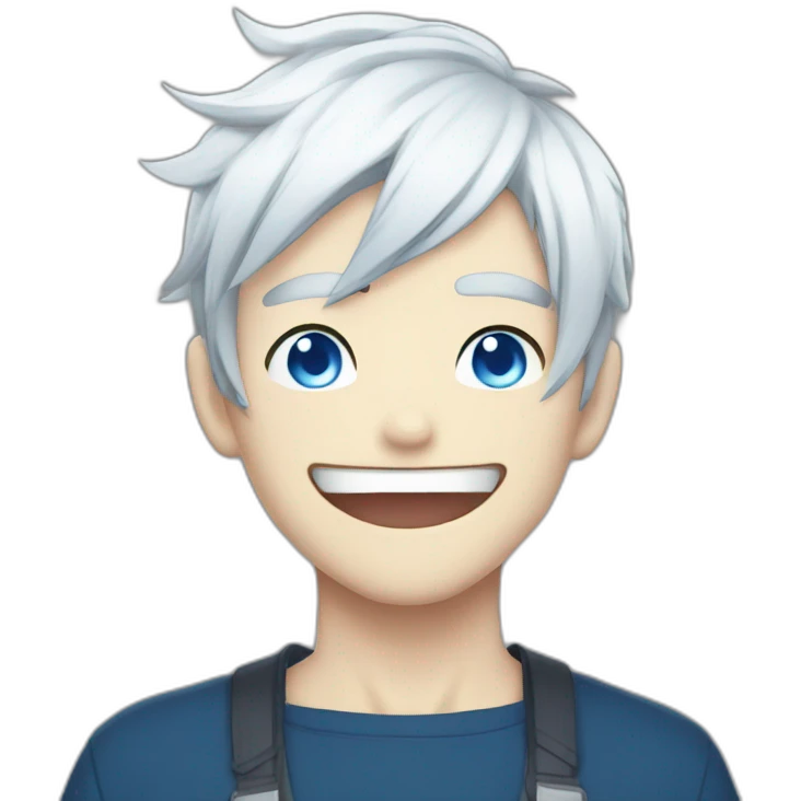 Anime boy with white hair and blue eye with evil laugh emoji
