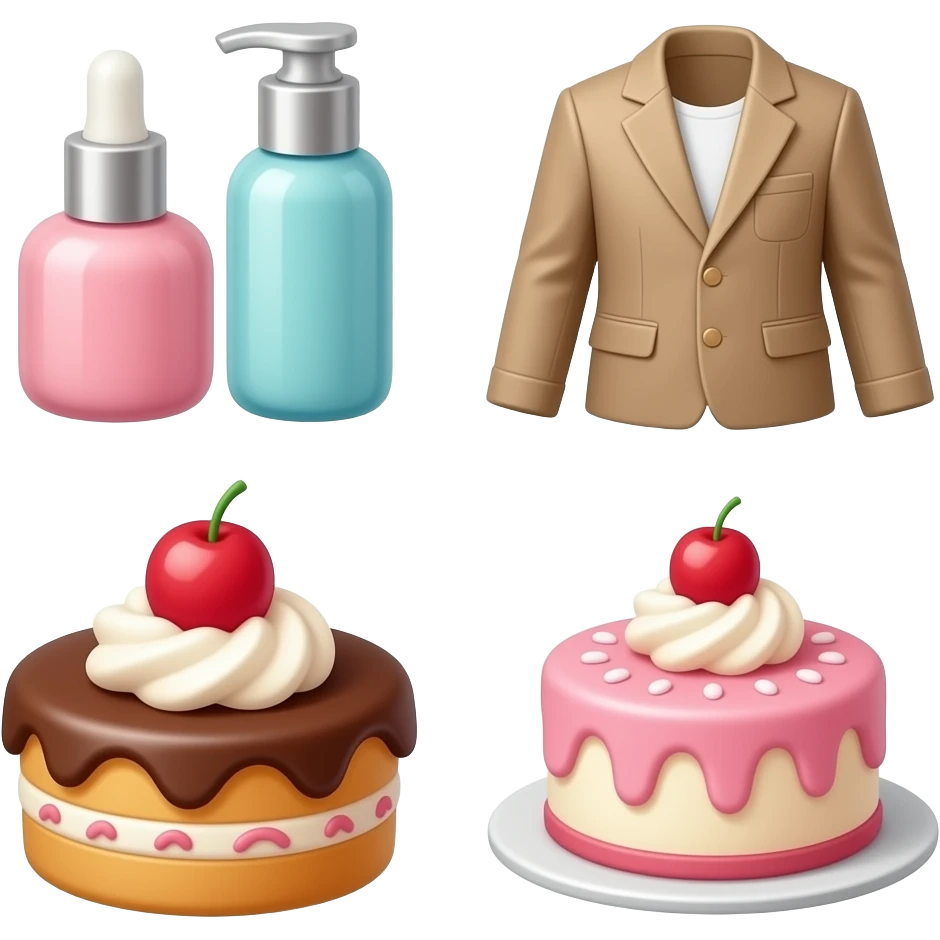 beauty products, stylish clothing, delicious desserts, skincare bottle, fashionable outfit, cake, ecommerce products for sale emoji