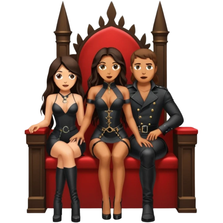 Tan skin with freckles, long dark hair, hazel eyes Dominatrix sitting on a throne. Man kneeling and worshipping at her feet.  emoji