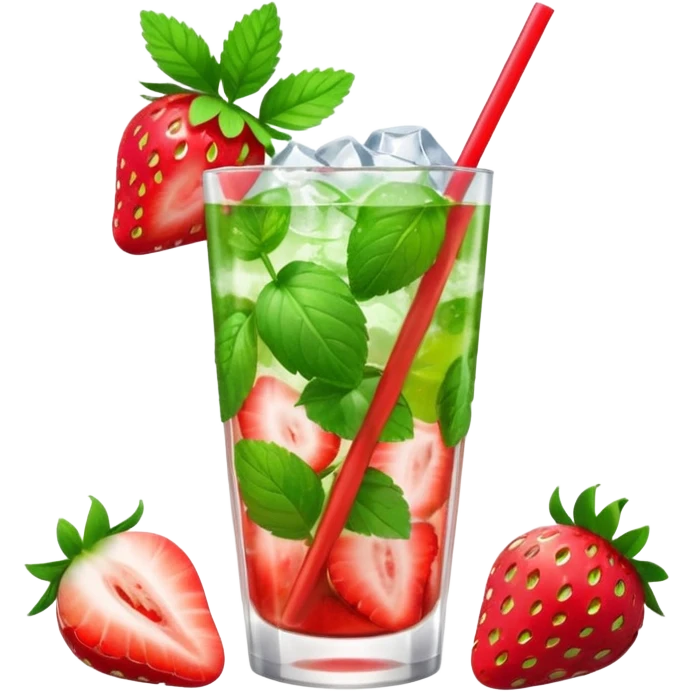 A 3D cartoon glass of strawberry mojito with mint leaves, ice cubes, and sliced strawberries, condensation on glass, bright lighting, Memoji-style realism. emoji