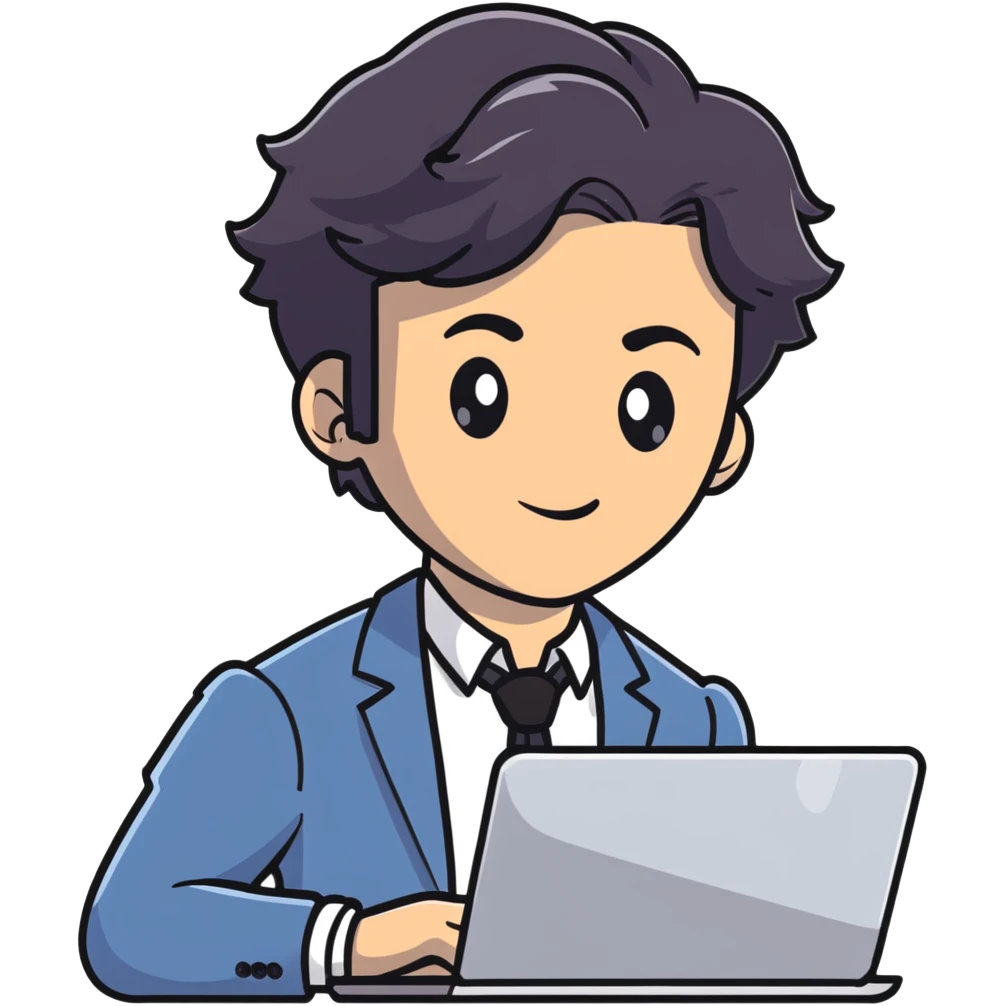 Business strategist man with black wavy hair, stubble, chiseled face, wearing blazer and button-up shirt, holding laptop, confident expression emoji