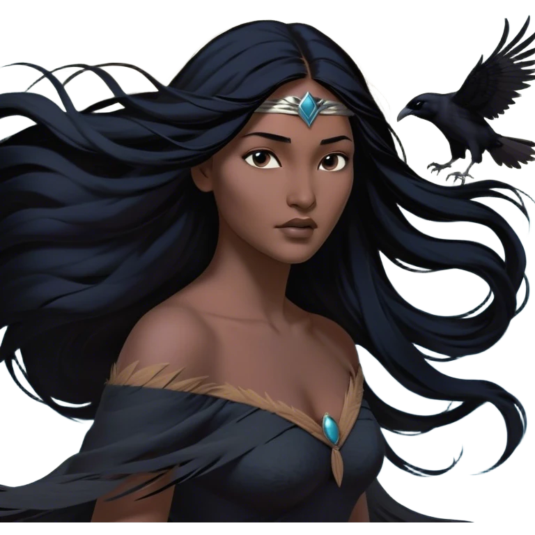 Cinematic Realistic Pocahontas Portrait, depicted with lifelike skin texture, soft natural lighting, and intricately detailed long, flowing raven-black hair that moves gracefully in the wind. Her deep, soulful dark brown eyes exude wisdom and strength, complemented by a serene yet powerful expression. She is shown gently holding a feather in one hand, her other hand resting lightly at her side, embodying the harmonious balance between nature and herself. She is dressed in her classic one-shoulder native American dress, with rich fabric textures and delicate beaded details that catch the light beautifully. The portrait features a soft, sun-kissed glow with a natural, radiant finish, capturing the essence of untamed beauty and deep connection to nature in a realistic and painterly style, evoking a sense of depth and authenticity. emoji