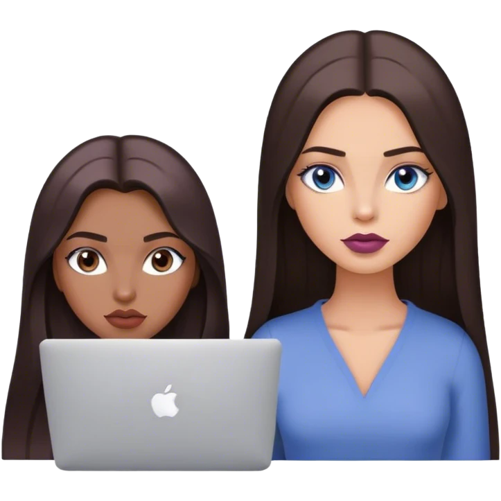 Glamours tanned very beautiful girl with pump mauve lips and dark chocolate straight smooth long hair, blue-grey eyes with MacBook emoji