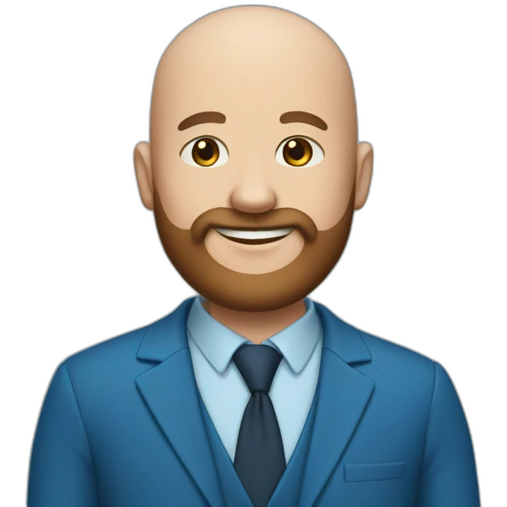 blue-eyed fat smiling bald man with a long brown beard in a blue suit emoji