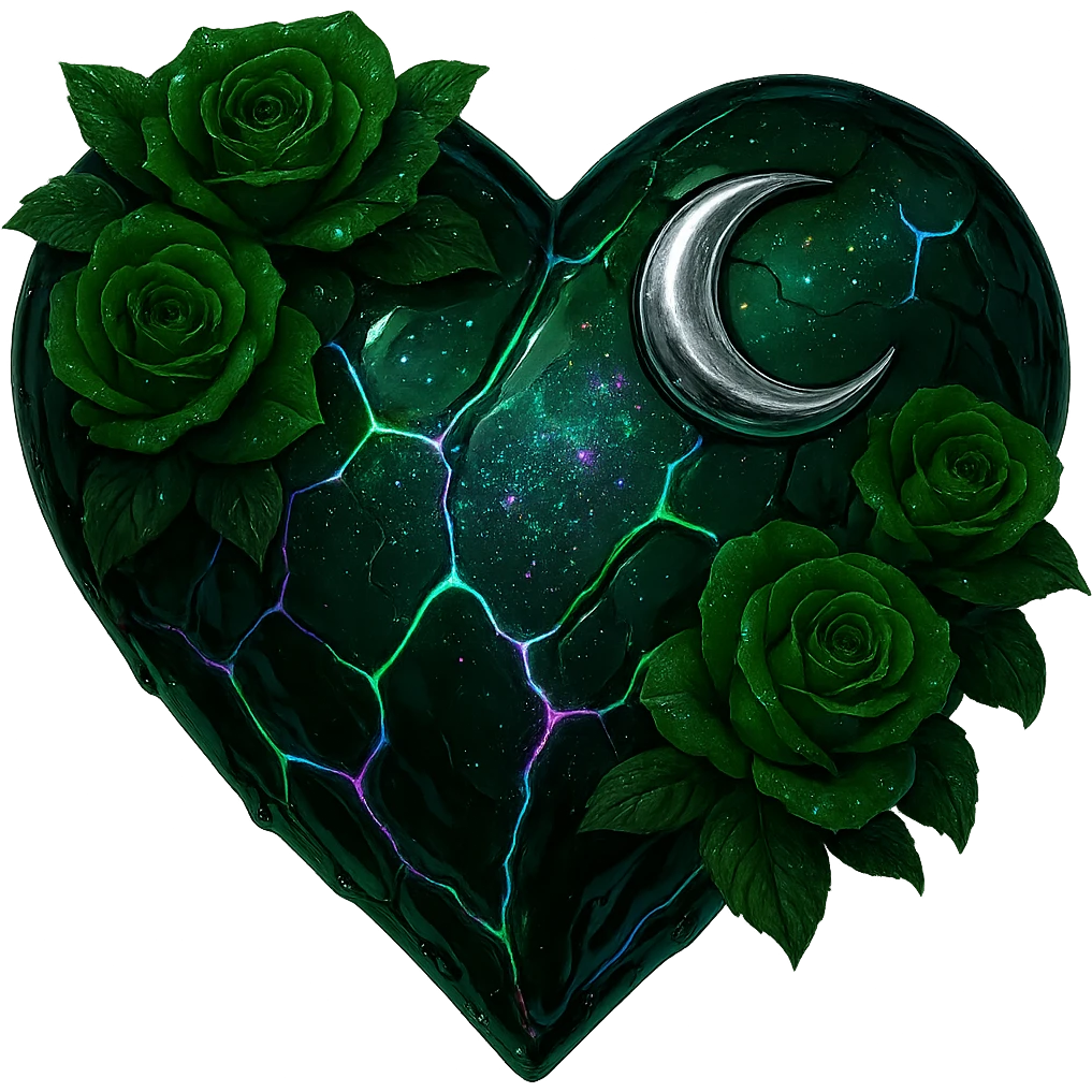 Edit the gothic heart to have cracked deep green glass, silver crescent moon, green roses, shimmering holographic stardust, neon lightning accents, and a glossy wet appearance. Keep the background transparent. The style should maintain the gothic heart's original look with a transparent background. emoji