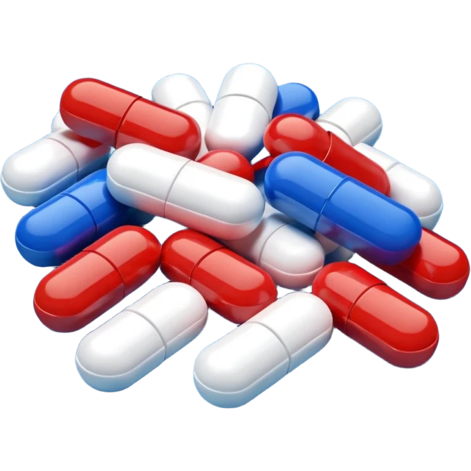 A close-up of mixed pills and capsules, red, white, and blue colors, clean background, light reflections on surface, realistic Memoji-style. emoji