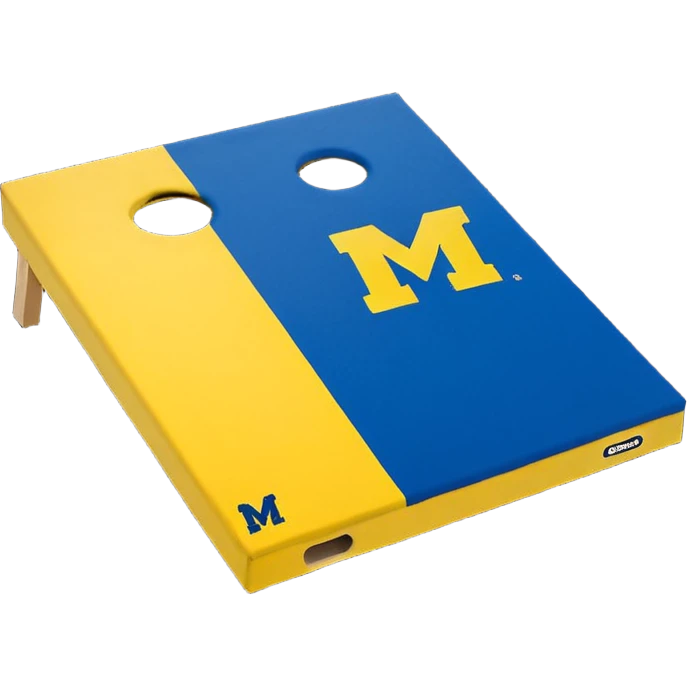 Cornhole board blue and yellow with Michigan “M” With a yellow cornhole bag emoji