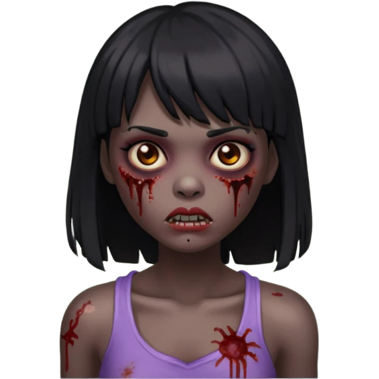 Um zumbi feminino, com cabelo preto e franja, machucados pelo rosto e torso, fundo escuro destacando o rosto com sombras emoji