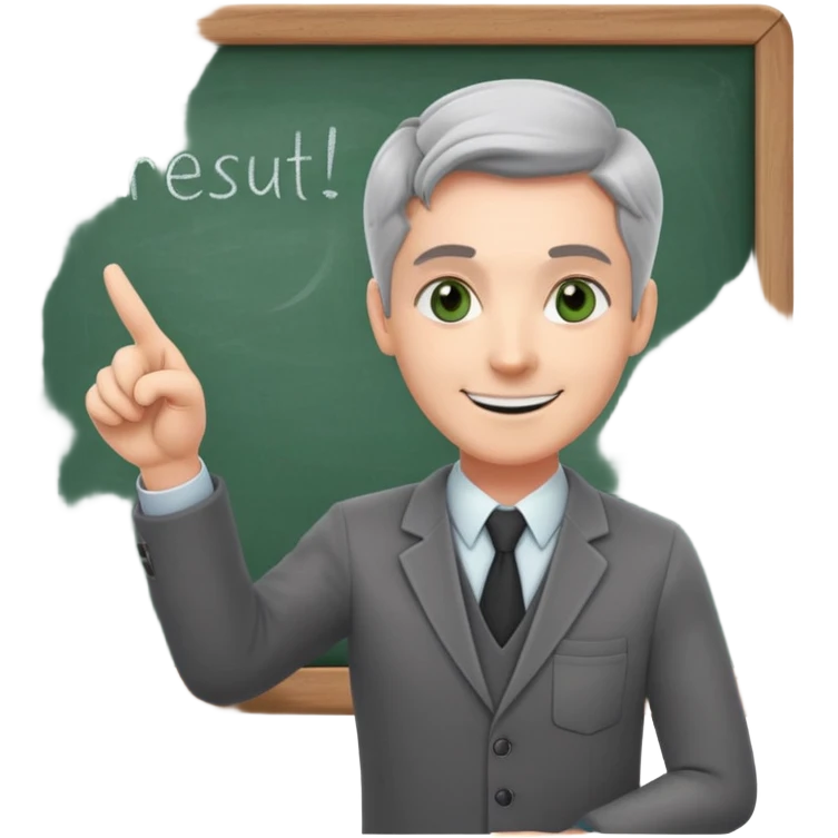 smiling English teacher with airtouch hair and grey-green eyes pointing at a chalkboard with present simple tense table emoji