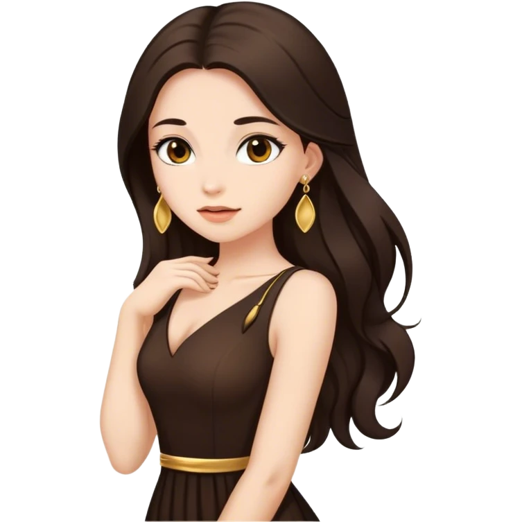 Beautiful woman,cute, long dark brown hair in dark dress with gold earrings emoji