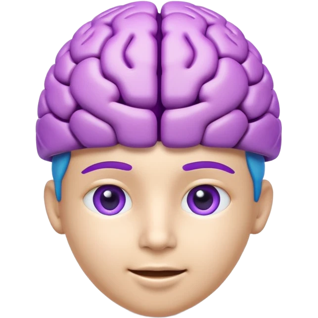 Modern 3D AI emoji, digital brain with subtle tech icons, neutral intelligent expression, blue and purple colors, clean educational style, soft lighting, transparent background. emoji