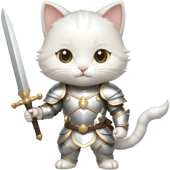 baby chibi white cat in silver armor, full body, smile, hold a sword emoji