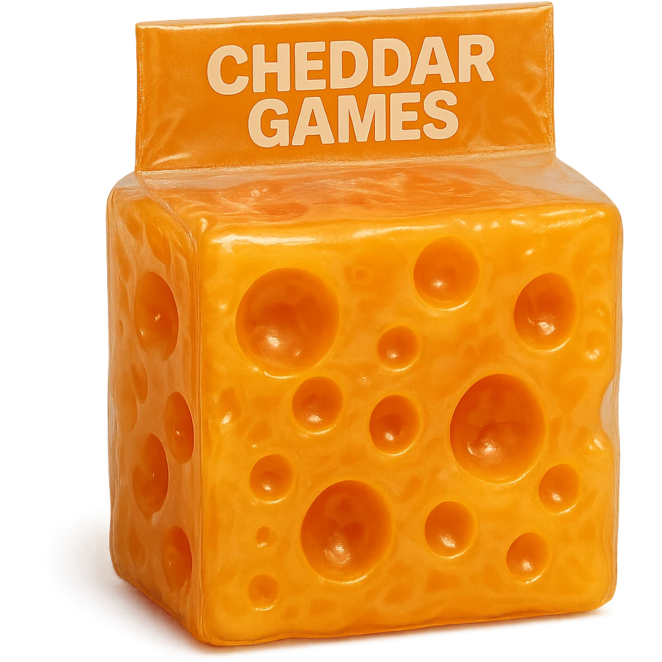 A hyper-detailed, transparent orange cheddar block with Swiss cheese holes, soft plastic texture, soft reflections, and a slightly cloudy, squishy look, like a 90's toy or gummy. The block is sealed in plastic with 'Cheddar Games' on the seal, no background, hyper-realistic, and retro. emoji