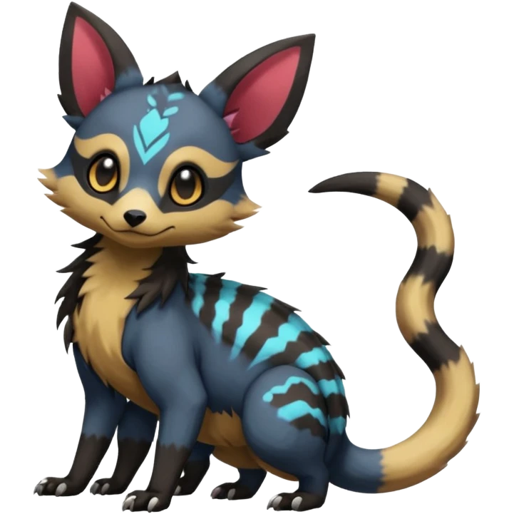 Rare exotic cute epic aesthetic gothic colorful Salandit-Eevee-Civet-species-Fakemon-hybrid-creature, with markings, full body emoji