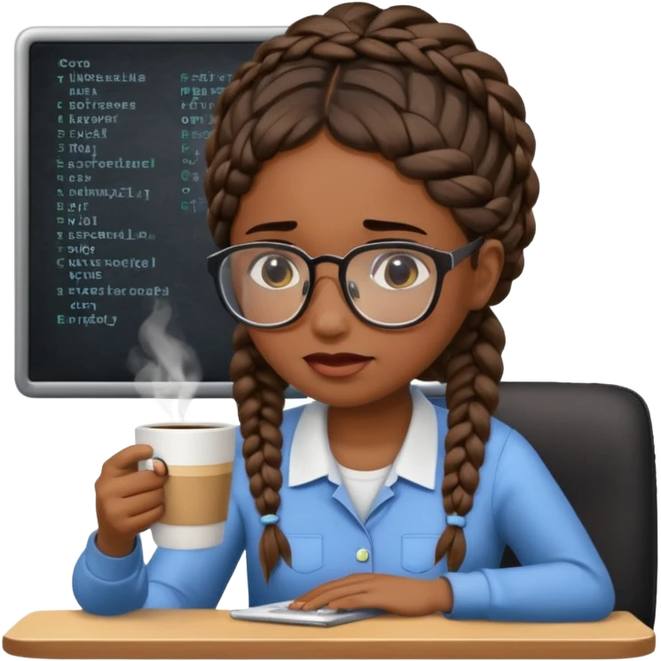 Make a black female software engineer with glasses  and braids coding, crying and drinking coffee emoji