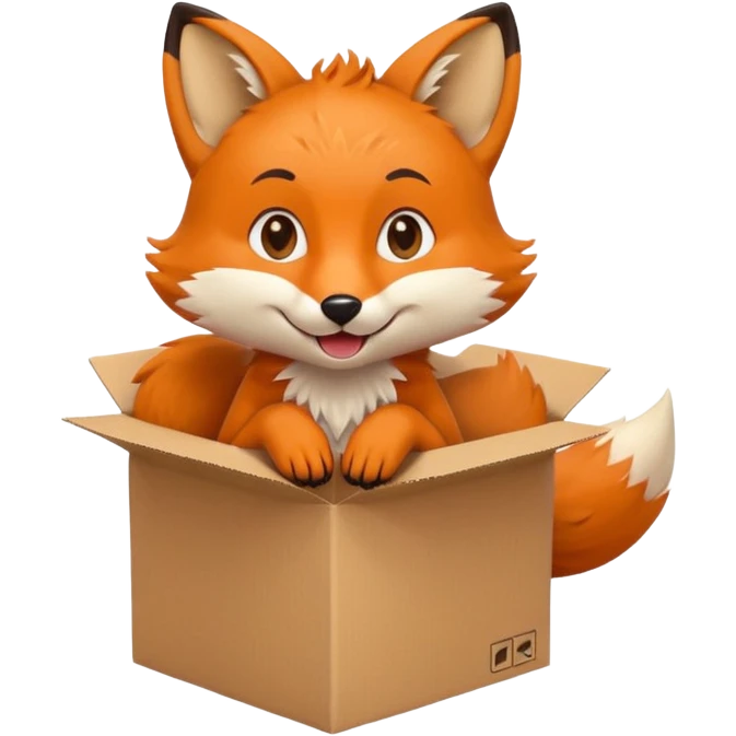 cheerful fox sitting in a box, looking up playfully, emoji style emoji