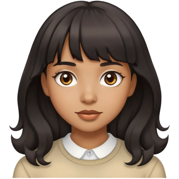 Brown girl, with wavy black hair, straight bangs, brown eyes emoji
