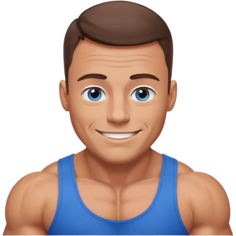 dad with very short shaved brown hair and blue eyes emoji with big muscles emoji