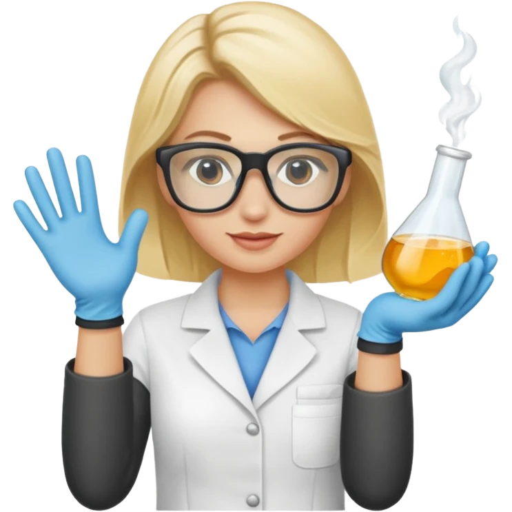 Eine hellblonde Chemikerin mit Kittel, Handschuhen großer Labor-Sicherheitsbrille und typischem Erlmeyerkolben in der Hand emoji