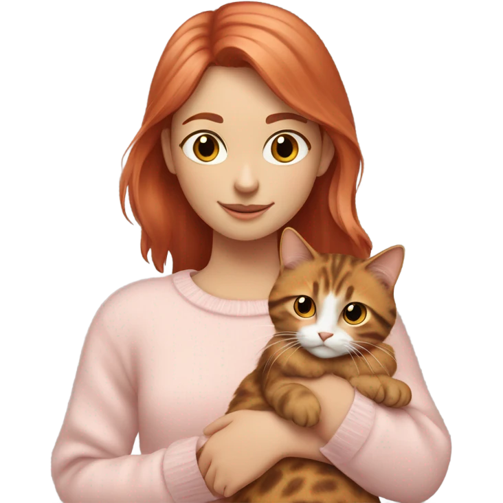 Red hair girl wearing a pale pink sweater holding a tortoiseshell cat with a white belly emoji