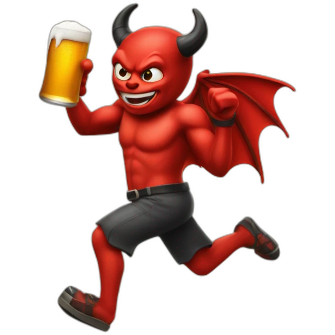 Small running red devil holding a beer emoji