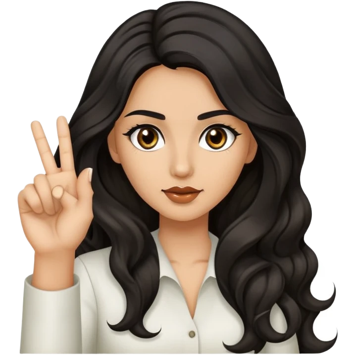 woman with olive skin, brown eyes and long lashes, and long black wavy hair holding up one hand and showing her one middle finger emoji