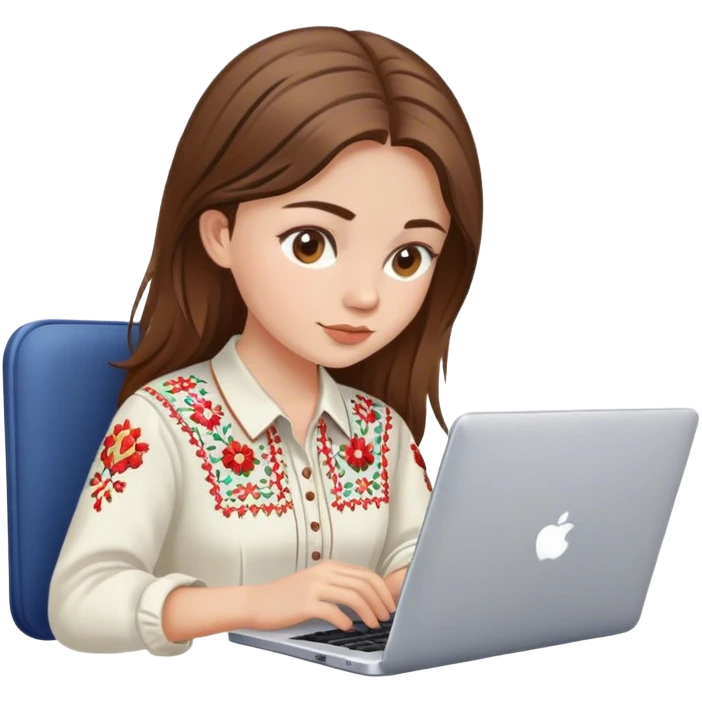 A Ukrainian girl with brown hair in an embroidered shirt works at her laptop emoji