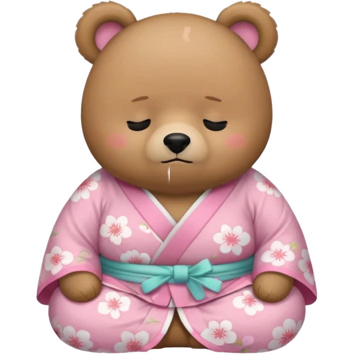 A cute chubby light-brown bear wearing a pastel pink sakura-patterned kimono, standard body and small round head, adorable simple face, sleepy half-closed eyes, small blush on cheeks, sitting while dozing off, tiny “zzz” floating above the head emoji