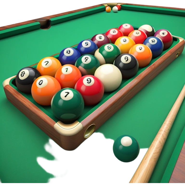 A close-up of a pool cue aimed at a set of colorful billiard balls resting on a green felt table. The focus is on the cue stick and the arrangement of balls, with subtle details of the game’s texture and atmosphere, emphasizing the precision and skill of billiards. emoji
