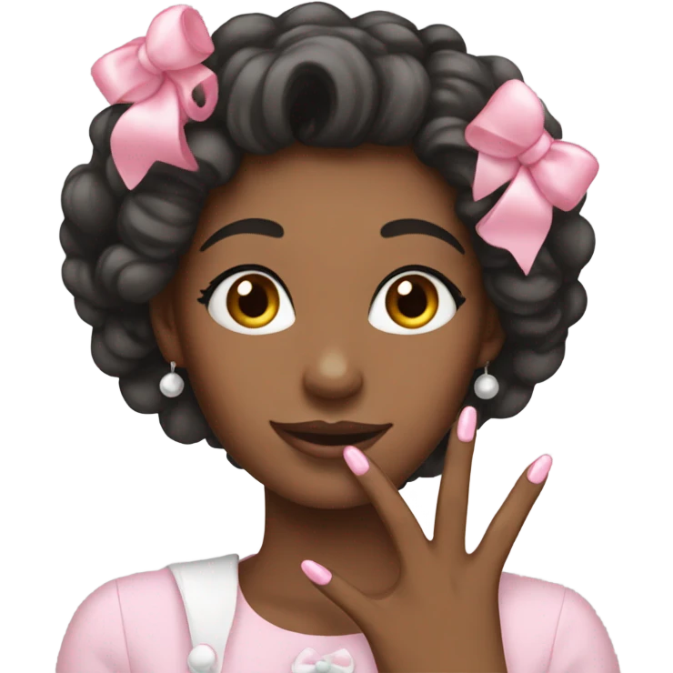 Woman who shows her nails who are pink with White bows  emoji