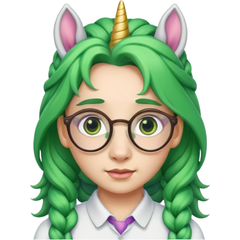 braided unicorn wiith big visible braids looking into the camera spectacled green hair emoji