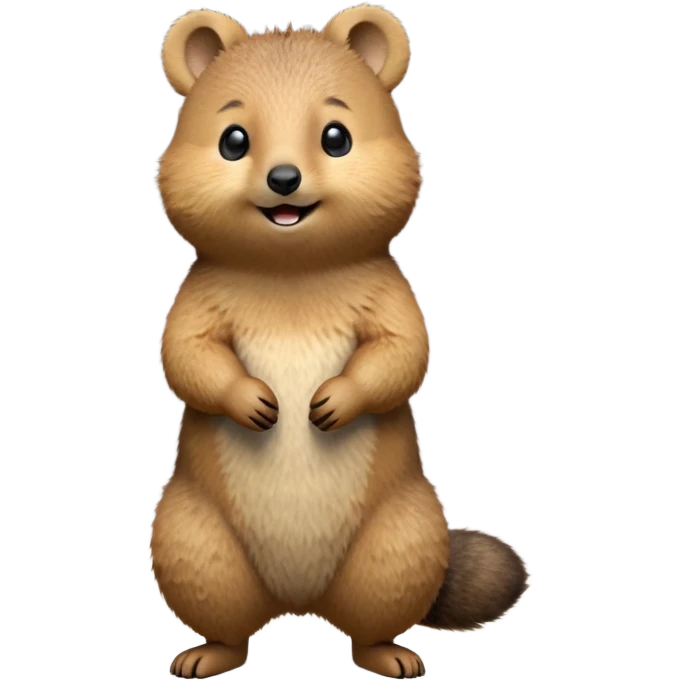 cinematic-quokka-realistic-full-body-standing-emoji,-small-round-frame-balanced-on-tiny-strong-hind-legs,-fluffy-brown-fur-radiating-a-warm-softness,-big-round-eyes-filled-with-joy-and-innocence,-tiny-clawed-paws-held-close-to-chest,-cheerful-smile-exuding-endearing-happiness,-simplified-yet-realistic-focused-features,-highly-detailed,-glowing-with-a-sunny-warmth emoji