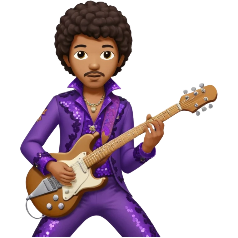Jimi Hendrix with dark brown hair, dark purple sequin outfit emoji