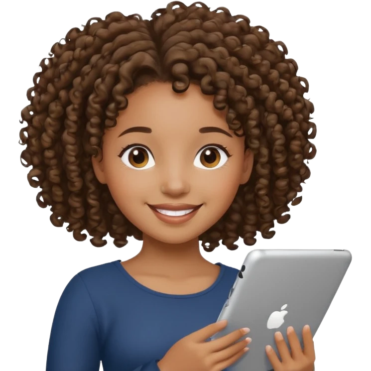 Black girl with curly ponytail holding ipad emoji