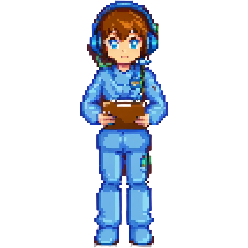 8-bit pixel art icon of a recruiter, Mega Man style, waist-up only, no computer, with a headset, holding a pen and notepad, ready to interview emoji