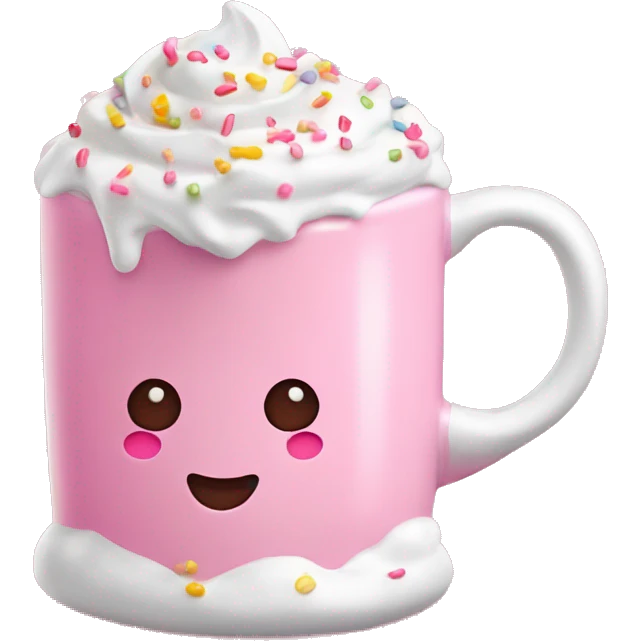 Glossy pink mug of hot chocolate with whipped cream and sprinkles emoji