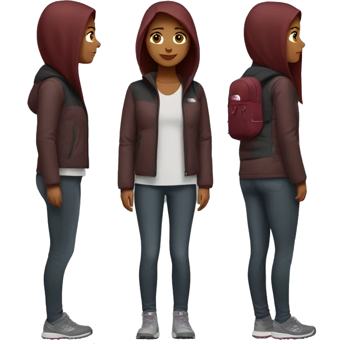 beautiful burgundy straight haired Girl wearing northface full body emoji