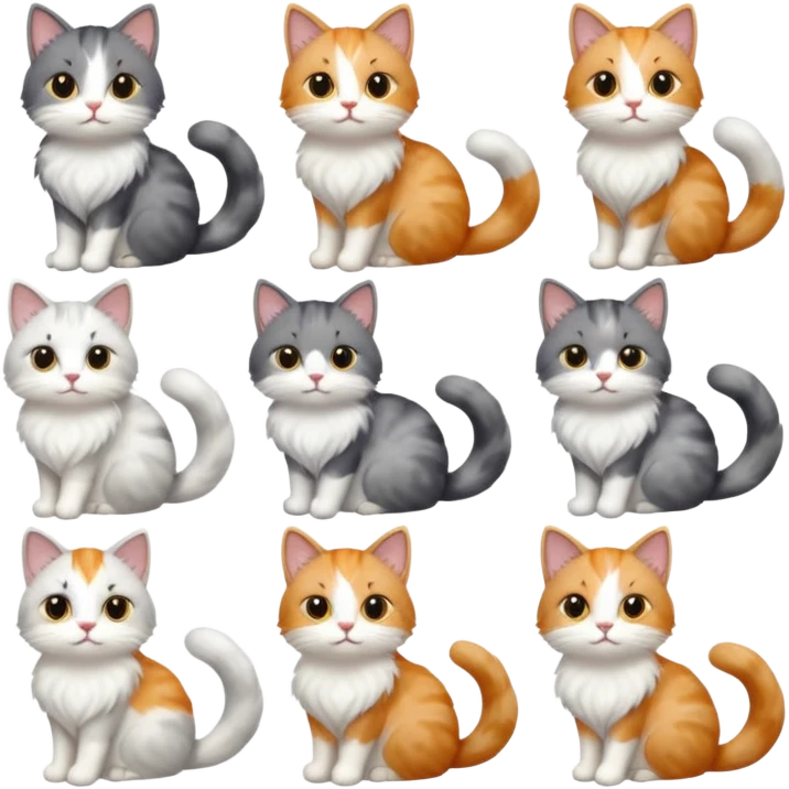 6 realistic looking cats with different natural coloured coats, assorted grey and white, greys, calico colours etc
 emoji