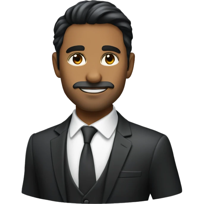 create a gentleman who looks sharp like a CEO with a black suit, sharp facial features, black hair, black eyes, indian face, good skin tone, with stubble beard and sharp nose and eyes emoji