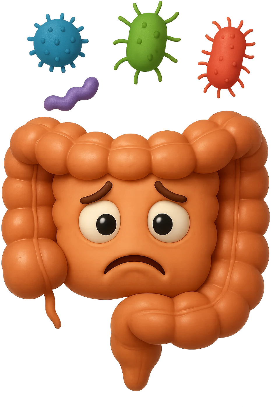 EMOJI STILE IPHONE 3D DI INTESTINO 3D CON ESPRESSIONE TRISTE  IN VOLTO MENTRE SOPRA LUI FLUTTUANO BATTERI, FAGLI ANCHE LA PARTE BIANCA DEGLI OCCHI, NON SOLO LA PUPILLA emoji