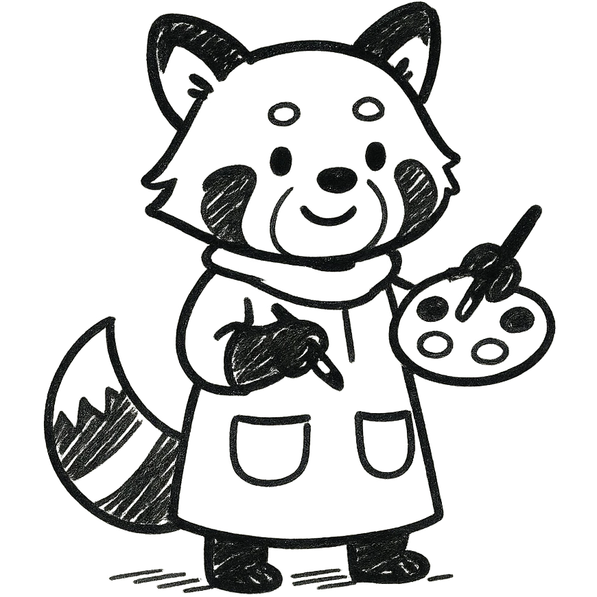 Red panda with brush and pallet, doodle style emoji