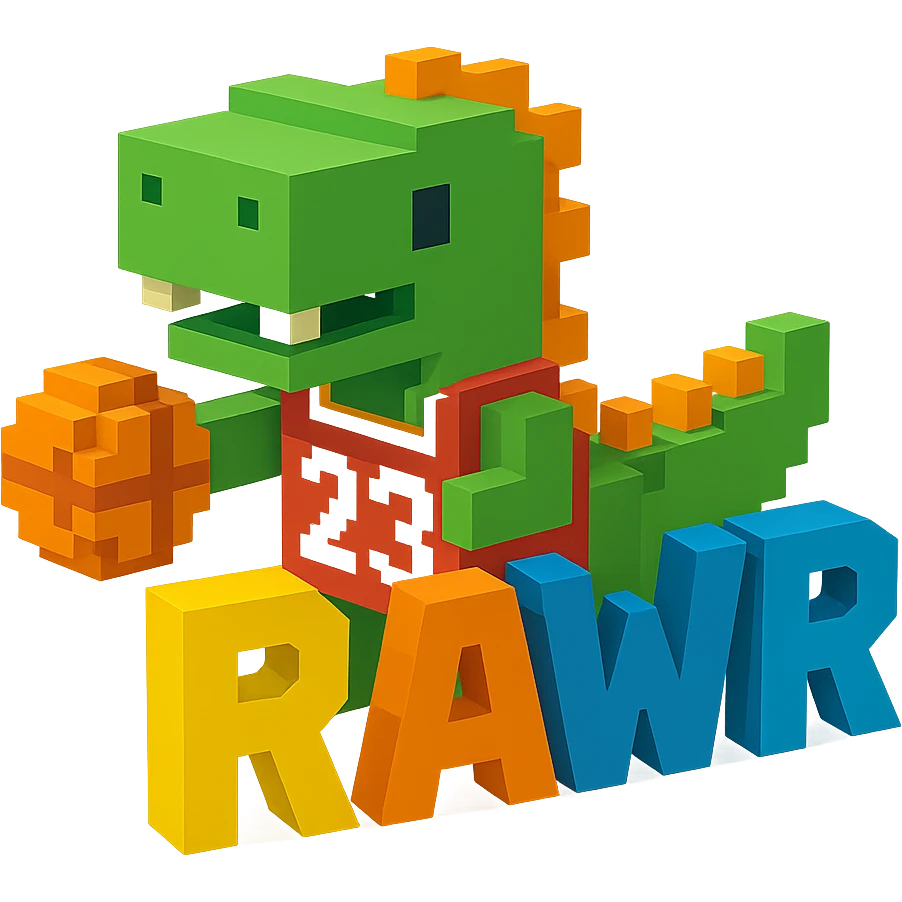 надпись "RAWR" и динозавр с баскетбольном мячом в майке с надписью "23", no background  emoji