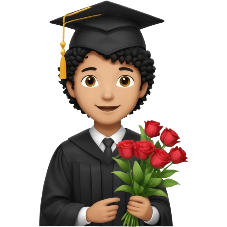 Graduated Students, Male,  brown skin, black curly hair, wearing graduation cap, holding bouquet of flowers
 emoji