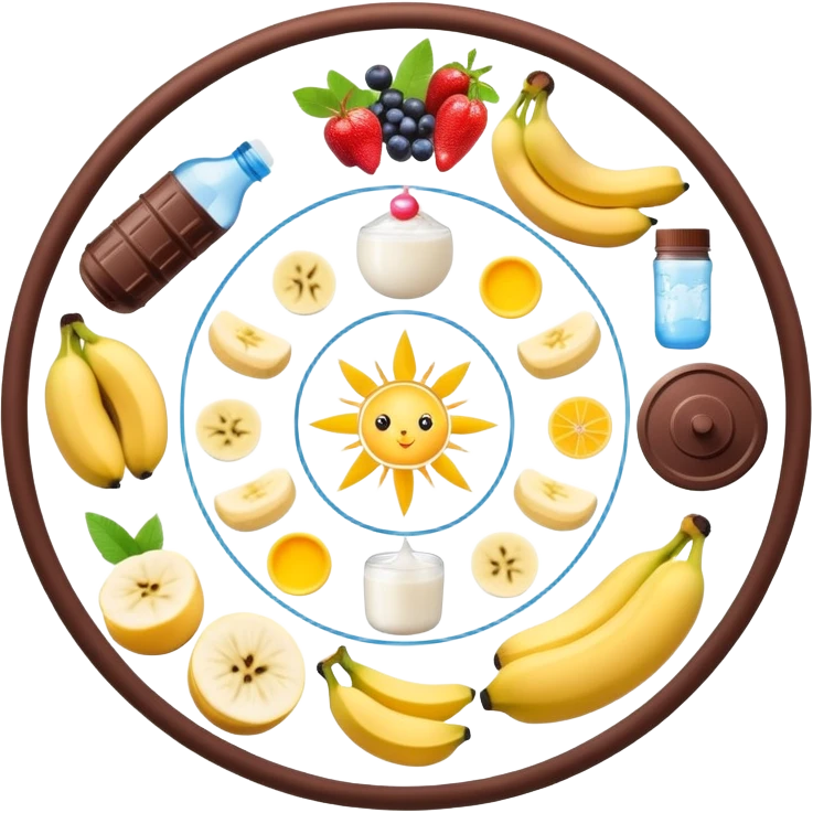 Magical daily routine wheel: water bottle, sun, chicken and rice, banana and shake, dumbbell, yogurt, chocolate and fruits, and moon symbol arranged in a wheel pattern with glowing connections between each element emoji