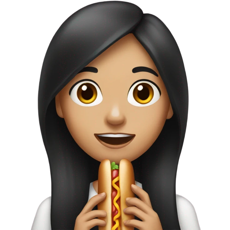 girl with long black hair, brown eyes, eating hot dog emoji