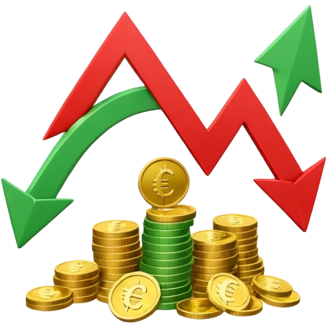 3D euro coins and banknotes stack, green upward arrow and red downward arrow, 
money flowing in and out, gold and silver coins, transparent background, 
emoji style, realistic, balanced composition emoji