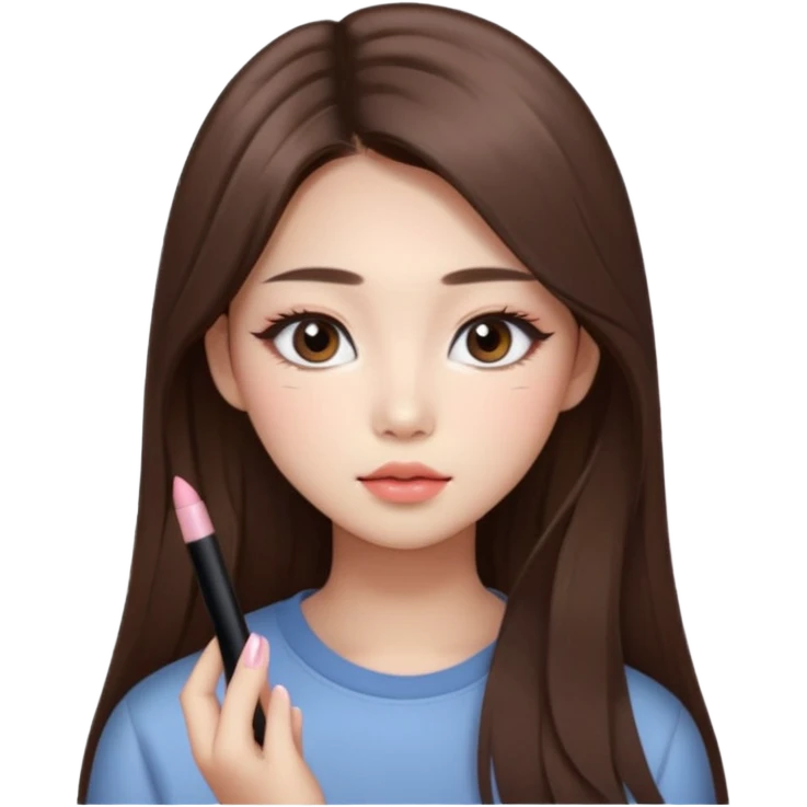 “korean straight long brown hair Emoji girl, soft eyeliner and blush, gradient lips, light brown shimmer eyeshadow emoji